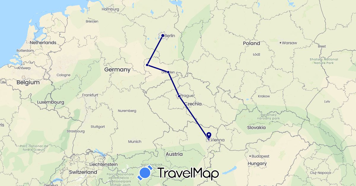 TravelMap itinerary: driving in Austria, Czech Republic, Germany (Europe)