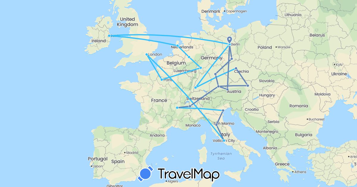 TravelMap itinerary: driving, cycling, boat in Austria, Czech Republic, Germany, France, United Kingdom, Ireland, Italy, Luxembourg, Netherlands (Europe)